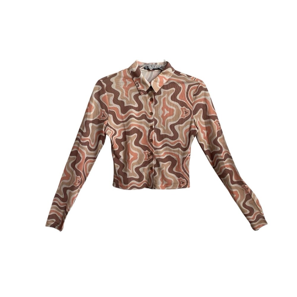 The Kript Women‎ Sm Neutral Swoosh Mesh Sheer Y2K Retro 70s Groovy Cropped Shirt